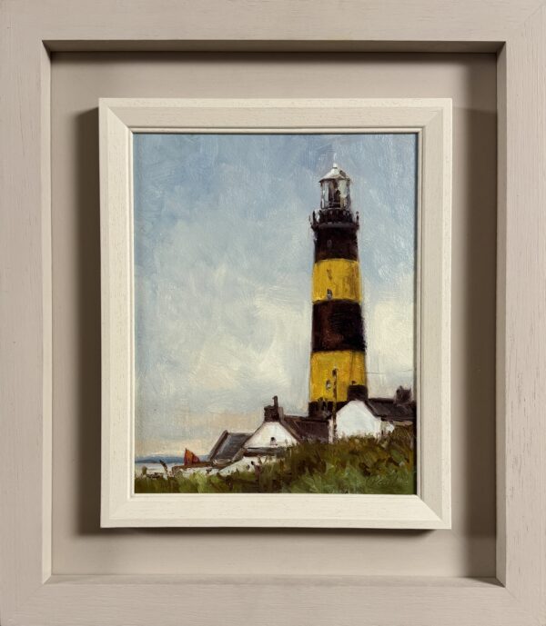 Yellow and black striped lighthouse painting